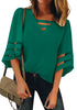 Women's Casual V Neck Mesh Panel Blouse Tops 3/4 Bell Sleeve Shirt