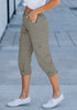 Dusty Olive Women's High Wasited Cargo Pants Cuffed Hem Elastic Waist Capri Pants With Pockets