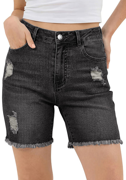 LookbookStore Women’s High Waisted Distressed Washed Black Mid Thigh Denim Shorts Frayed Cut Off Stretchy Jorts