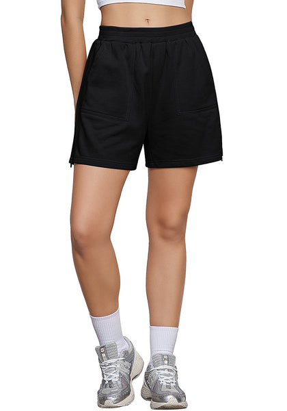 Black Women's Shorts High Waist Elastic Waistband Regular Fit Comfort Shorts