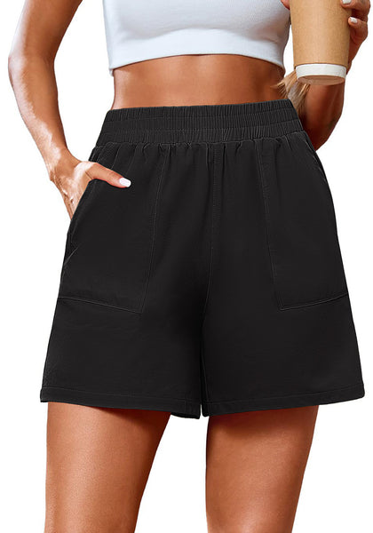 Black Women's High Waist Lounge Shorts with Pockets Regular Fit Casual Shorts