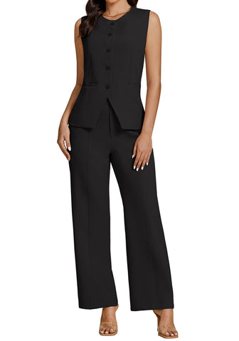 Black Women's Sleeveless Wide Leg Vest Blazer Pant Set