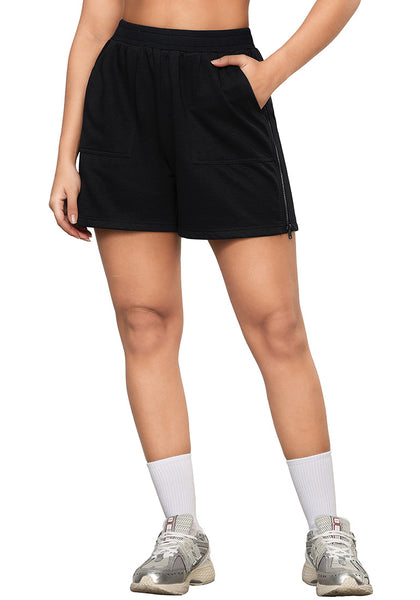 Black Women's Shorts High Waist Elastic Waistband Regular Fit Comfort Shorts