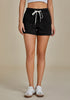 Washed Black Women's Comfy Denim Drawstring Flat Front Jean Pocket Shorts Stretch Utility Styles