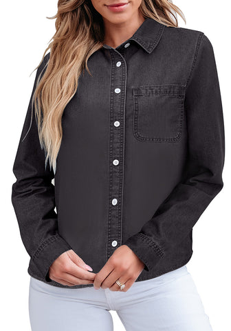 Vintage Black Denim Shirt For Women Button Front Blouse Broken-in  Business Casual Lightweight Long Shirt Sleeve