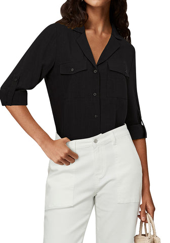 Black Women's Button-Down Solid Color Tops Loose Long Sleeve Casual Work Blouses