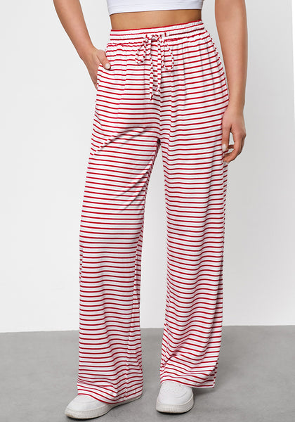 White & Red Stripe Women's High Waisted Wide Leg Striped Trousers Baggy Breathable Drawstring Full Length Loose Pants