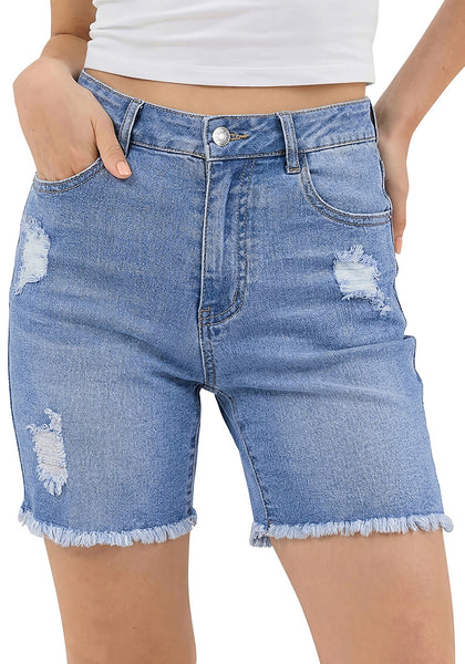 LookbookStore Women’s High Waisted Distressed Seaside Blue Mid Thigh Denim Shorts Frayed Cut Off Stretchy Jorts