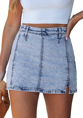 LookbookStore Women's Roadknight Blue  High Waisted Side Slit Denim Skorts, Stretchy Mini Skirt with Shorts, Country Concert Style