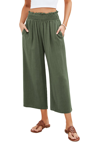 Army Green Women's High Waisted Wide Leg Elastic Waist Linen Palazzo Pants Pull On Smock Waist Baggy Fit Trousers