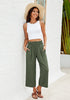 Army Green Women's High Waisted Wide Leg Elastic Waist Linen Palazzo Pants Pull On Smock Waist Baggy Fit Trousers