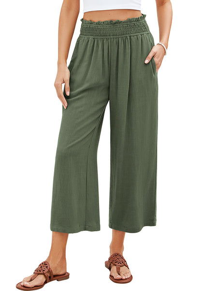 Army Green Women's High Waisted Wide Leg Elastic Waist Linen Palazzo Pants Pull On Smock Waist Baggy Fit Trousers