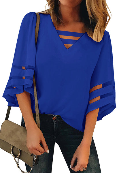 Women's Casual V Neck Mesh Panel Blouse Tops 3/4 Bell Sleeve Shirt