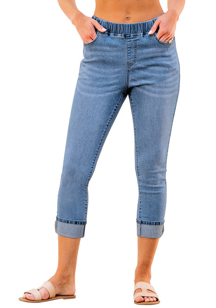 Cobalt Blue Women's High Waisted Elastic Slight Stretch Denim Pull On Cuffed Hem Capri Jeans Denim Pants