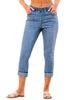 Cobalt Blue Women's High Waisted Elastic Slight Stretch Denim Pull On Cuffed Hem Capri Jeans Denim Pants