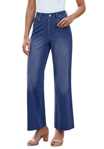 Bright Cobalt Blue for Women's Effortlessly Stylish High Waisted Wide Leg  Pull-On Stretchy Jean Pants with Functional Pockets
