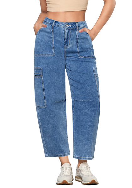 Fresh Blue Women's Jeans Denim Relaxed Straight Ankle Length Barrel Cargo Pant