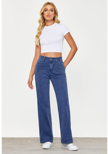 Classic Blue Women's Bell Bottom Full Length High Waisted Denim Regular Fit Slight Stretch Jeans