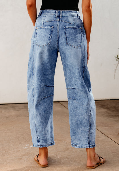 Women's Cropped Denim High Waisted Jeans Pull On Straight Leg Stretch Barrel Jeans