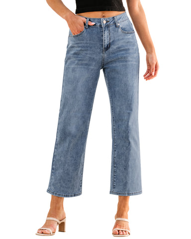 Lapis Blue Women's High Waisted Straight Leg Jeans Kick Flare Denim Long Pants