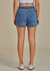 Medium Blue Women's Comfy Denim Drawstring Flat Front Jean Pocket Shorts Stretch Utility Styles