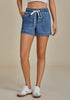 Medium Blue Women's Comfy Denim Drawstring Flat Front Jean Pocket Shorts Stretch Utility Styles