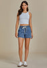 Medium Blue Women's Comfy Denim Drawstring Flat Front Jean Pocket Shorts Stretch Utility Styles