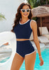 Navy Blue Women's High Waisted Two Piece Partially Lined Tankini Sets