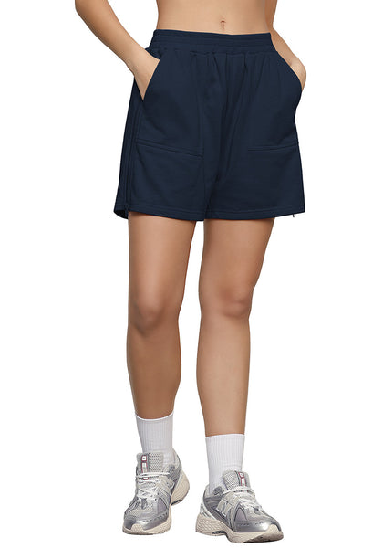 Navy Blue Women's Shorts High Waist Elastic Waistband Regular Fit Comfort Shorts