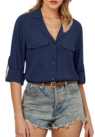 Dark Blue Women's Button-Down Solid Color Tops Loose Long Sleeve Casual Work Blouses