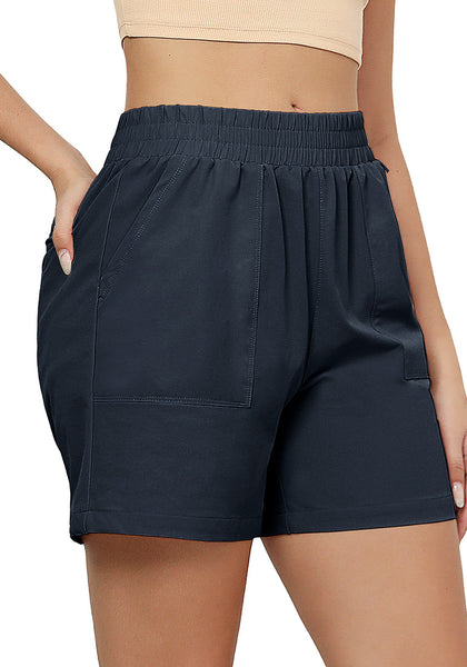 Dark Blue Women's High Waist Lounge Shorts with Pockets Regular Fit Casual Shorts