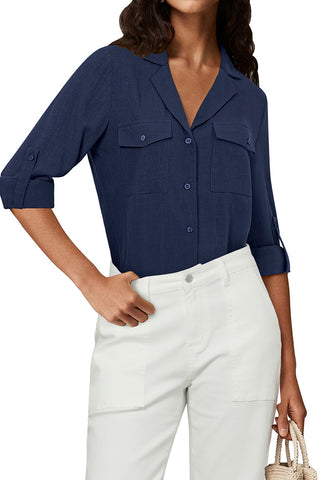 Dark Blue Women's Button-Down Solid Color Tops Loose Long Sleeve Casual Work Blouses