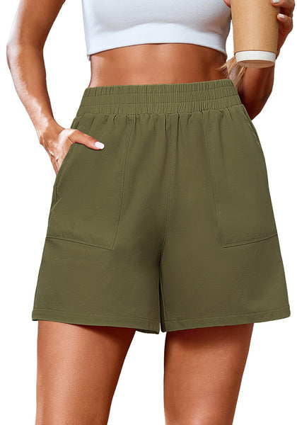 Olive Green Women's High Waist Lounge Shorts with Pockets Regular Fit Casual Shorts