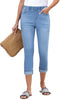 Medium Indigo Women's High Waisted Elastic Slight Stretch Denim Pull On Cuffed Hem Capri Jeans Denim Pants