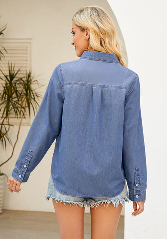 Indigo Medium Blue Denim Shirt For Women Button Front Blouse Broken-in  Business Casual Lightweight Long Shirt Sleeve