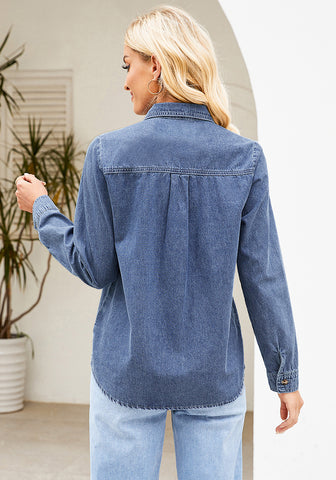 2025 Classic Blue Denim Shirt For Women's Rugged Shirt Cotton Soft Two Pocket Button Front Long Sleeve Blouse Top