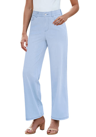 Seaside Blue for Women's Effortlessly Stylish High Waisted Wide Leg  Pull-On Stretchy Jean Pants with Functional Pockets