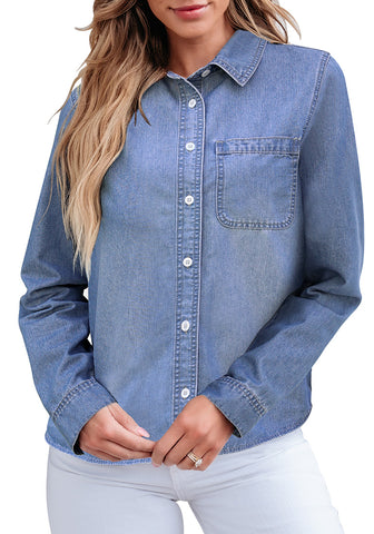 Indigo Medium Blue Denim Shirt For Women Button Front Blouse Broken-in  Business Casual Lightweight Long Shirt Sleeve