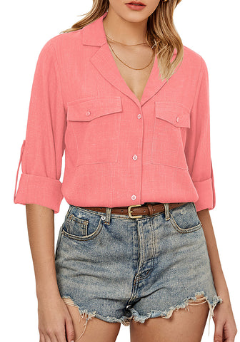 Coral Red Women's Button-Down Solid Color Tops Loose Long Sleeve Casual Work Blouses