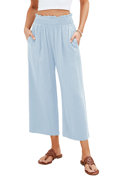 Sky Blue Women's High Waisted Wide Leg Elastic Waist Linen Palazzo Pants Pull On Smock Waist Baggy Fit Trousers