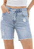 LookbookStore Women’s High Waisted Distressed Bay Blue Mid Thigh Denim Shorts Frayed Cut Off Stretchy Jorts