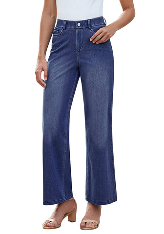 Darkness Blue for Women's Effortlessly Stylish High Waisted Wide Leg  Pull-On Stretchy Jean Pants with Functional Pockets
