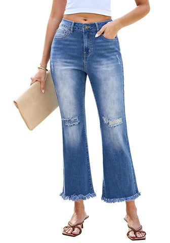 Classic Blue Women's Ankle Denim Flare High Waisted Jeans Raw Hem Ripped Straight Leg Stretch