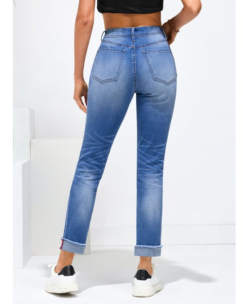 Classic Blue Women's High Waisted Straight Leg Jeans Cuffed Raw Hem Denim Jeans Pants