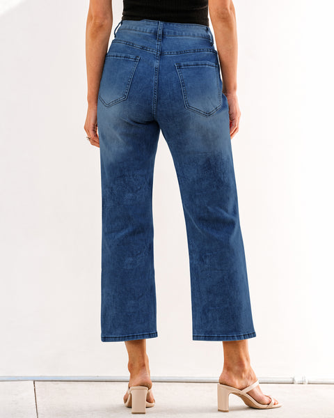 Classic Blue Women's High Waisted Straight Leg Jeans Kick Flare Denim Long Pants