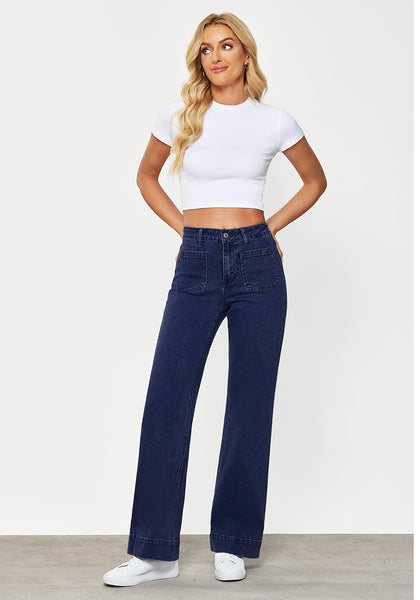 Darkness Blue Women's Bell Bottom Full Length High Waisted Denim Regular Fit Slight Stretch Jeans