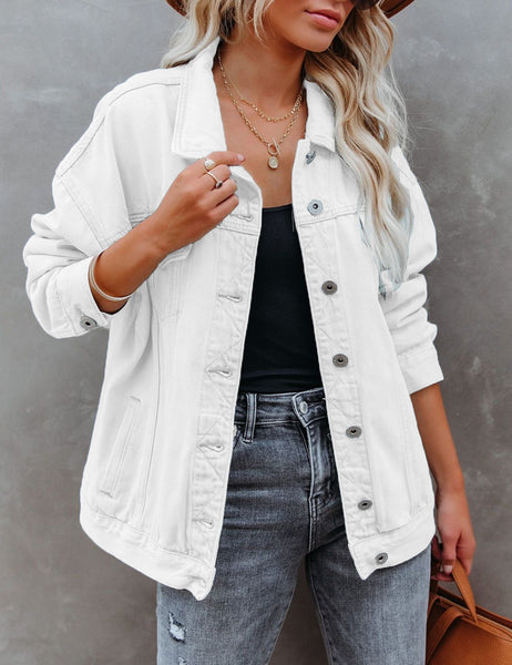 Front view of model wearing white drop shoulder button-down vintage denim jacket
