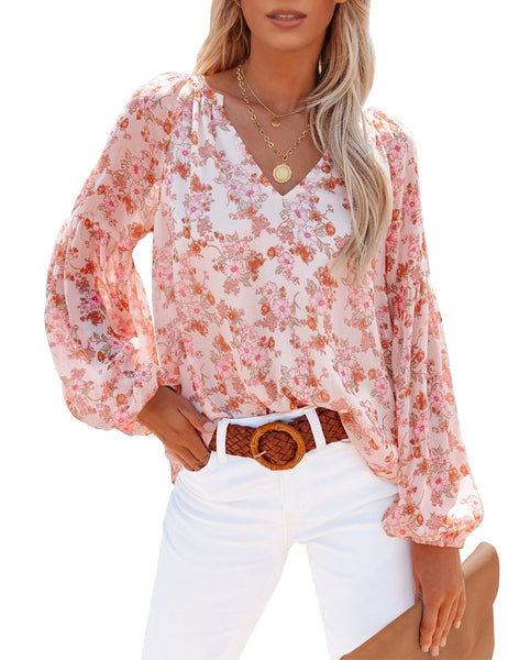 Model wearing white long sleeves V-neckline floral-print boho blouse