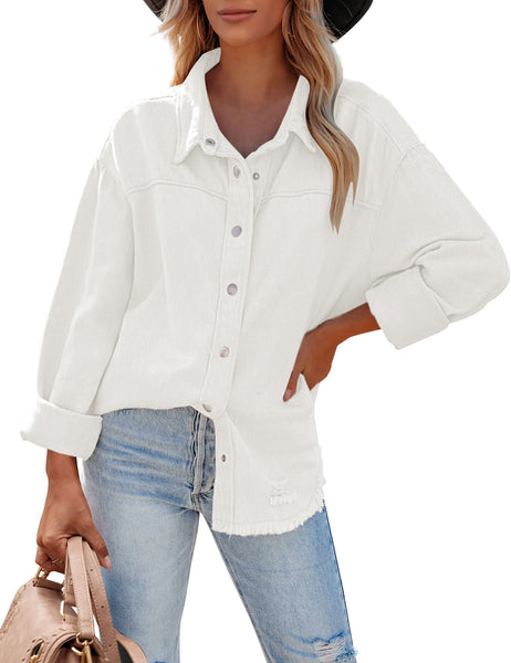 Womens Denim Jacket Oversized Button Down Shirts Jean Shacket Distressed Frayed Coat