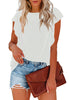 Front view of model wearing white short ruffle sleeves crew neck pleated loose top